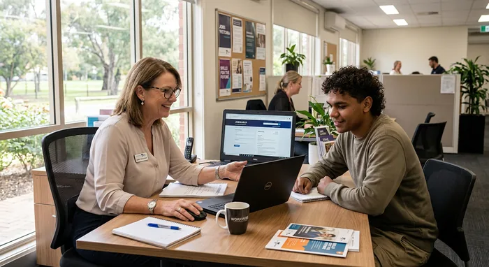 Employment services consultant and participant working together at a desk with a laptop.