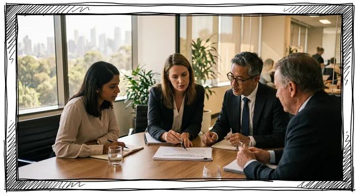 Board members reviewing an AI governance document at a meeting table in an Australian office.